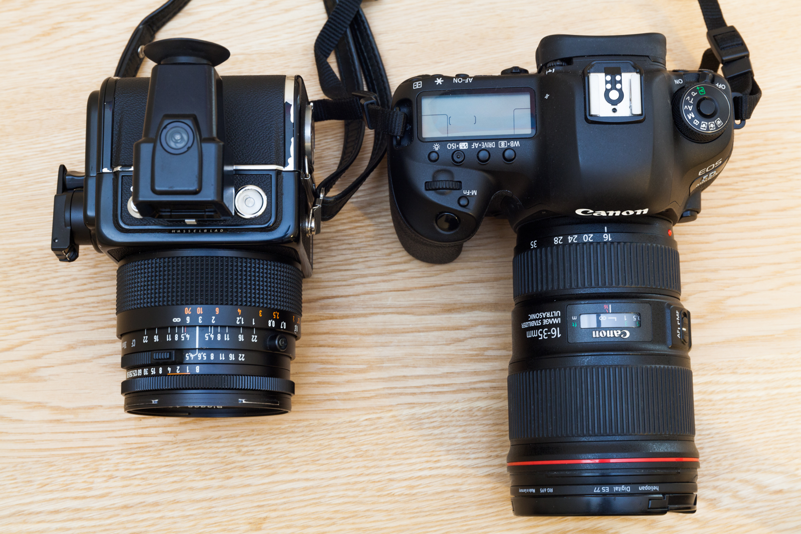 Comparatif des dimensions entre un Hasselblad SWC/M et un Canon 5D mark IV.