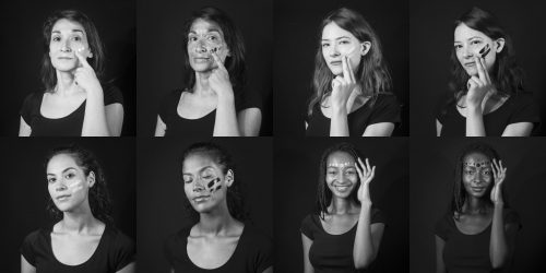 Vidéo ultraviolet, photographe cosmétique, patchwork de portraits extraits d'une vidéo en ultraviolet pour promouvoir une marque de protection solaire.